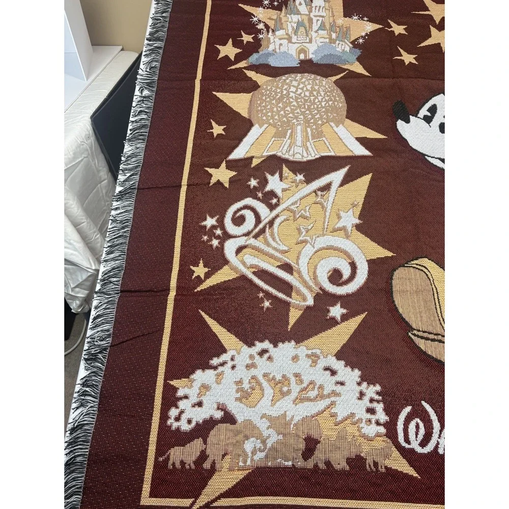 Disney Walt Disney World Mickey Mouse Woven Tapestry Throw Blanket Fringe Icons